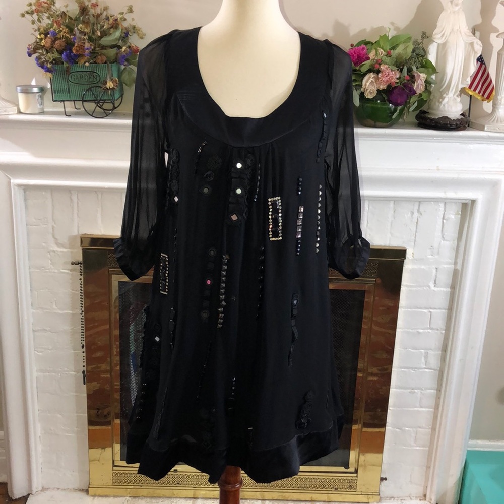 Vintage Digs Black Silk chiffon Beaded/Rhinestones